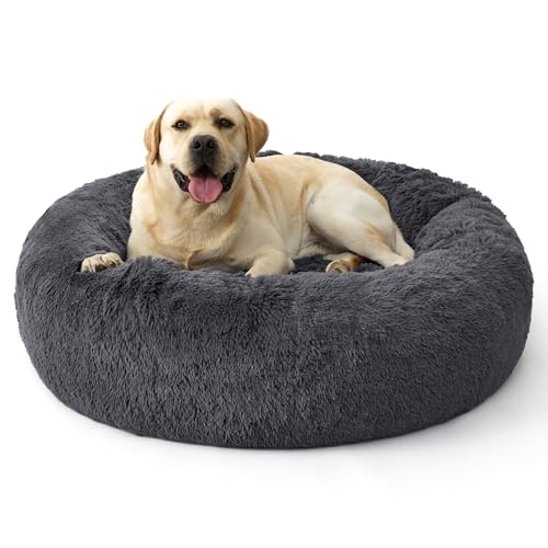 Bedsure SupportMax™ Calming Dog Bed for Extra Large Dogs - 45in Donut Washable Large Pet Bed, Anti-Slip ＆Removable Cover,420GSM Round Anti-Anxiety Fluffy Plush Faux Fur, Fits up to 100lbs Pets - color: Dark Grey, size: XL(42x42x9)