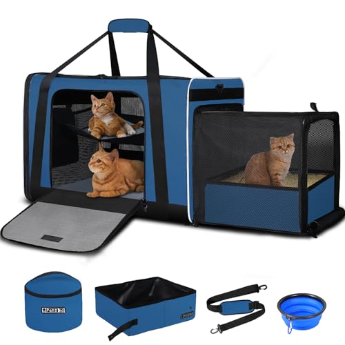 Petskd Side Expandable Extra Large Cat Carrier with Litter Box Area, 24"x17"x17" Soft-Sided Pet Carrier for 2 Cats Under 55 lbs with Zipper Locks for Car Travel(Prussian Blue) - color: Prussian Blue
