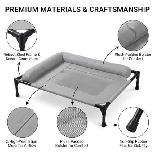 ALPHA TEC Elevated Dog Cot Bed with Plush Padded Bolster, High-Ventilation Mesh, Steel Frame, Non-Slip Feet, Gray (Large)