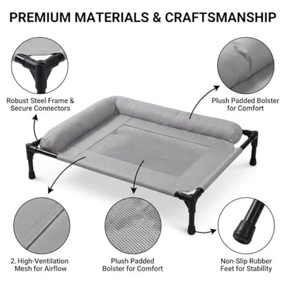 ALPHA TEC Elevated Dog Cot Bed with Plush Padded Bolster, High-Ventilation Mesh, Steel Frame, Non-Slip Feet, Gray (Large)