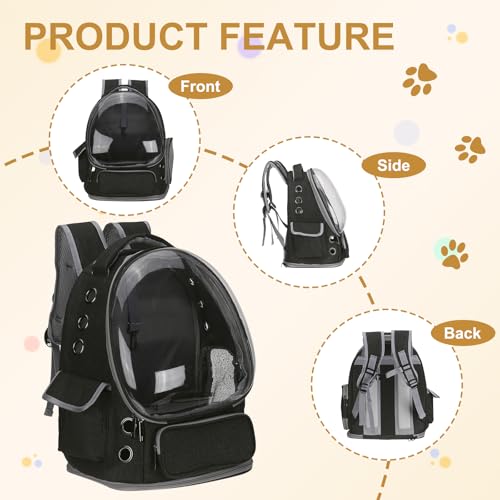 Pet Backpack Carrier, Portable and Ventilated, Oxford Cloth, Dog Cat Travel Bag with Transparent Cover 13.39", (Black, 1 Pcs), Intended for Hiking/Camping/Traveling - color: Black