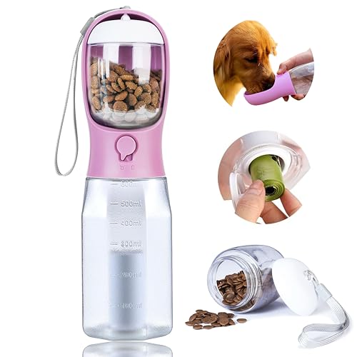 Dog Water Bottle with Food Container, Portable Pet Dog Water Dispenser for Outdoor Walking,Hiking,Travel,Puppy Essentials,Puppy Supplies,Replaceable Waste Bags - color: Pink, size: 20oz
