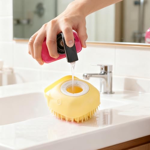 Silicone Dog Bath Brush – Dog Grooming Shampoo Scrubber with Soap Dispenser, Perfect for Shedding, Bathing, and Grooming, Ideal for Short and Long-Haired Dogs, Yellow - color: yellow