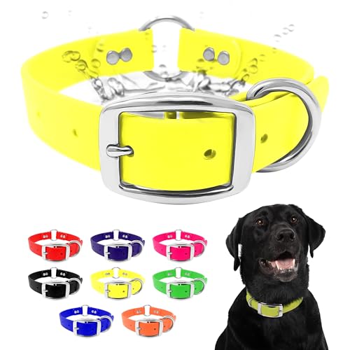 Regal Dog Products Medium Yellow Dog Collar with Heavy Duty Double Buckle & D Ring | Vinyl Coated, Custom Fit, Adjustable Biothane Dog Collar | Chew Resistant Waterproof Center-Ring Collar for Dogs - color: Yellow, size: Medium