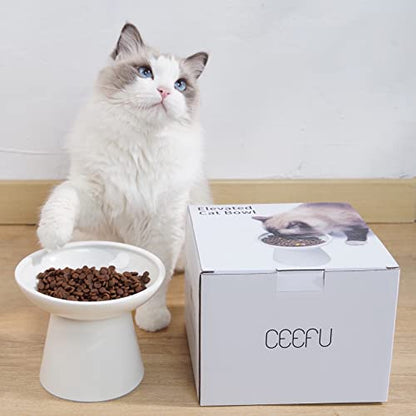 CEEFU Extra Wide Elevated Ceramic Cat Bowl, 6.2" Shallow Dish for Whisker Fatigue Relief, 5" Height for Easy Feeding, Durable Raised 2 Cat Food Bowls, White - color: White-2 Food Bowl