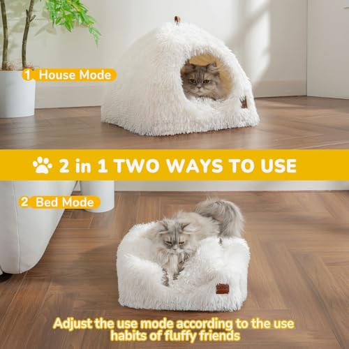 CATISM Cat Bed, Cat Cave for Indoor Cats, Soft Cat Dome, Self-Warming 2 in 1 Foldable Pet Cat House with Washable Cushioned Pillow Calming Fluffy Dog Beds for Small Dogs with Anti-Slip Bottom White - color: White