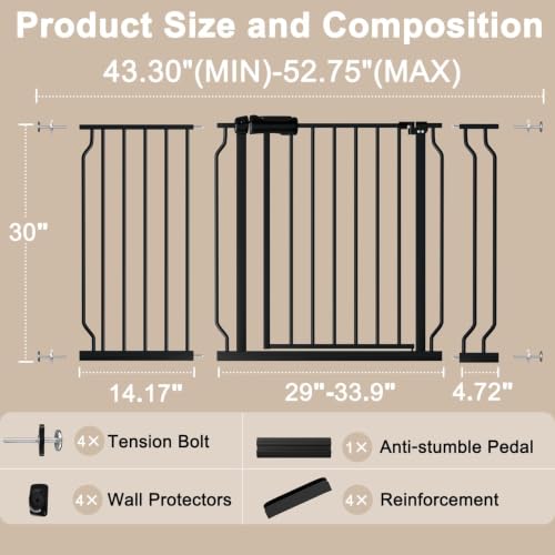 WAOWAO Baby Gate 110-134cm(43.3-53인치) 엑스트라 와이드 압력 장착 워크 스루 스윙 자동 닫힘 안전 블랙 메탈 유아 어린이 개 애완동물 강아지 계단, 출입구, 주방용 - color: 블랙., size: 43.3-52.75"/110-134cm