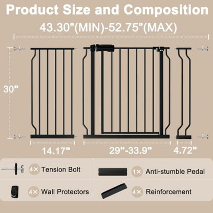 WAOWAO Baby Gate 110-134cm(43.3-53인치) 엑스트라 와이드 압력 장착 워크 스루 스윙 자동 닫힘 안전 블랙 메탈 유아 어린이 개 애완동물 강아지 계단, 출입구, 주방용 - color: 블랙., size: 43.3-52.75"/110-134cm