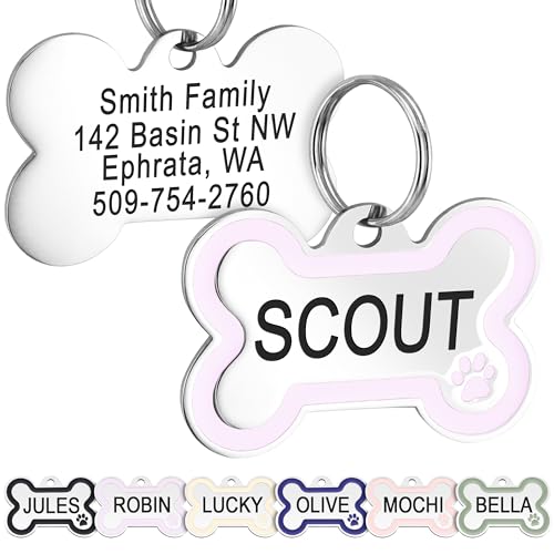 GoTags Stainless Steel Pet ID Bone Round and Heart Shaped Tags with Enamel Paw Design, Personalized Dog and Cat Tags, up to 5 Lines of Custom Text, Engraved on Both Sides (Lavender, Small Bone) - color: Lavender, size: Small Bone (Pack of 1)
