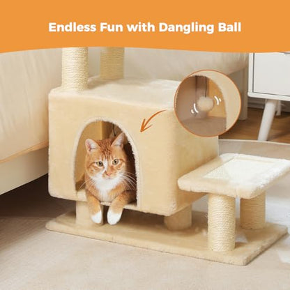 3-in-1 Dog Stairs & Cat Scratching Post with Condo, Pet Steps for High Beds, Sofa, Couch, Tall Cat Tower, High-Strength Boards for Indoor Small Cats Kittens Dogs Climbing Playing, 3 Steps-Beige - color: Beige