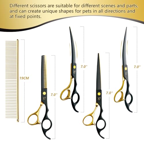 Dog Grooming Scissors,Paint Coated Curved Scissors Thinning Scissors with Safety Round Tips, Sharp and Durable 5 in 1 Dog Scissors for Grooming