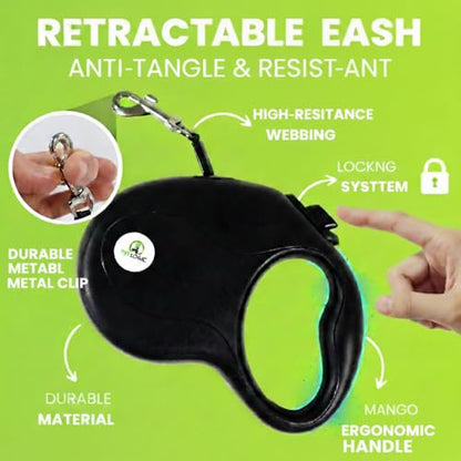 Retractable Dog Leash for Small and Medium Dogs, 3 in 1 Kit with Waste Bag Dispenser & Rope Toy, Controlled Walking Leash