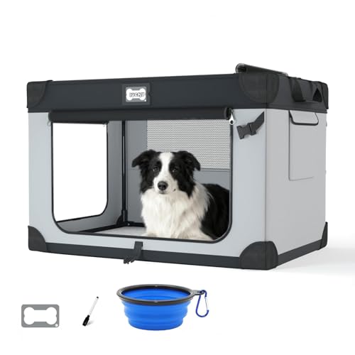 36 Inch Collapsible Travel Dog Crate for Large Dogs, Portable Dog Crate 3-Door Foldable Soft Kennel with Durable Mesh Windows, Warm Blanket and Foldable Bowl