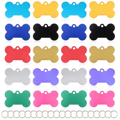 20 Pcs Pet Name Tag Blank Pet ID Tags Bone Shape Engraving Name Tag Stainless Steel Identification Card Tags Stamping Blanks Dogs 1.5 x1Inch Colorful Double Sided Dog Cat Number Pendants for Engraving