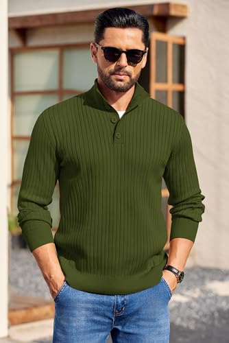 COOFANDY Mens Quarter Button Sweater Long Sleeve Stand Collar Sweaters Casual Knitted Ribbed Dress Pullover - color: Army Green, size: XX-Large