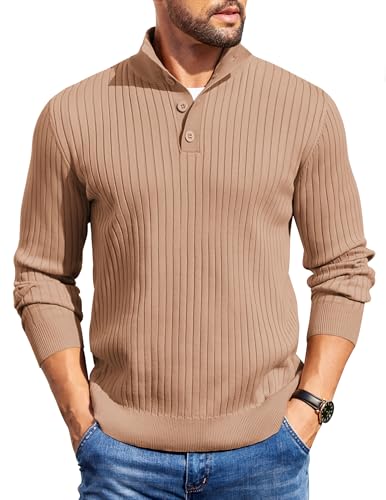 COOFANDY Mens Quarter Button Sweater Long Sleeve Stand Collar Sweaters Casual Knitted Ribbed Dress Pullover - color: Apricot, size: 3X-Large