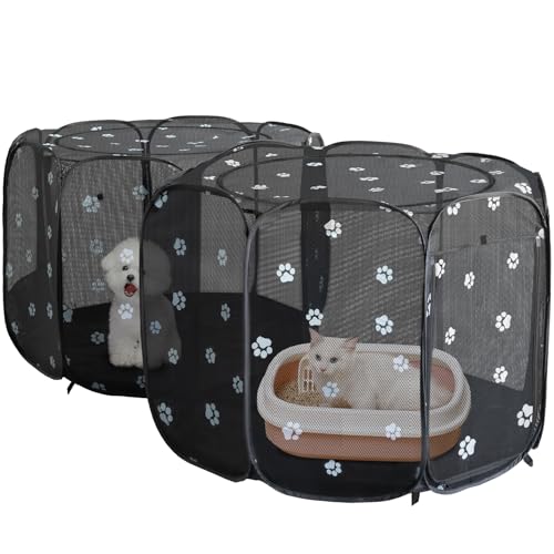 2-in-1 Cat Playpen, Pop Up Dog Pet Playpen for Indoor Outdoor Cats Enclosed, Portable Pet Playpen, Kitten Puppy Foldable Play Pen Cat Dog Tent Crate Cage Kennel(No Divider, Unified Space) - color: Black Mesh, size: M, 71"L x 34"W x 24.1"H