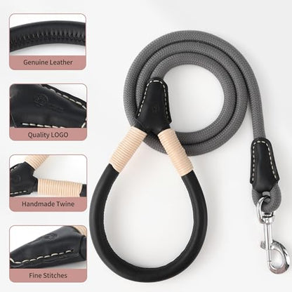 Mile High Life Dog Leash, Rope Leash with Genuine Leather Handle and Heavy Duty Metal Clasp, Great for Small Medium Large Dogs (Gray, 4FT) - color: Leather Handle-Gray, size: 48 Inch-1/2"