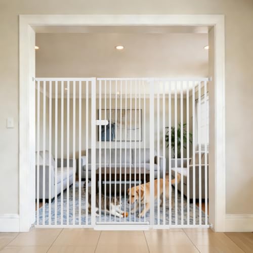 Lumizone Extra Tall Cat Gate 55.12" High 63.39"-67.71" Wide Pet Gate White | Dog Gate for Doorway Hallway Stairs Pressure Mounted Extra Wide 1.37" Gap No Drilling Auto-Close One-Handed Operation - color: 55.12" H-white, size: 63.39"-67.71" W