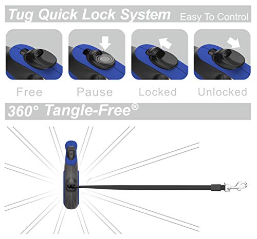 TUG 360° Tangle-Free Retractable Dog Leash with Anti-Slip Handle | 16 ft Strong Nylon Tape | One-Handed Brake, Pause, Lock (Medium, Blue) - color: Blue, size: Medium