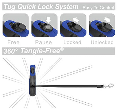 TUG 360° Tangle-Free Retractable Dog Leash with Anti-Slip Handle | 16 ft Strong Nylon Tape | One-Handed Brake, Pause, Lock (Large, Blue) - color: Blue, size: Large