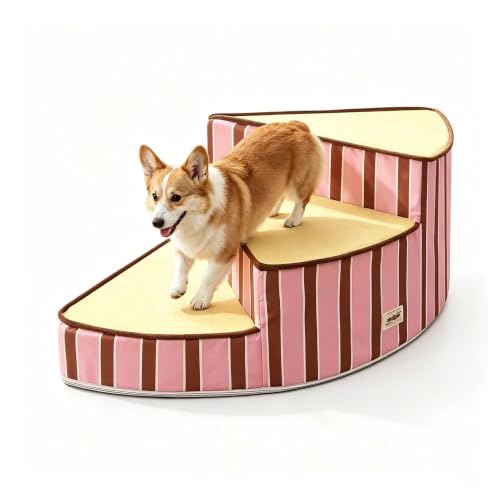 Curved Dog Stairs for Small Dogs & Cats – Pet Steps with Non-Slip Textured Surface, Removable Washable Cover & High-Density Foam(Pink,3-Step) - color: Pink, size: 3-Step