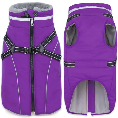 Fragralley Dog Coat with Harness Built in, Waterproof Windproof Reflective Warm Puffer Jacket, Fleece Lined Vest Winter Parka for Small, Medium, Large Dogs - color: Purple, size: X-Small