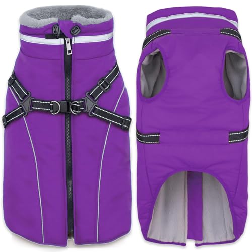Fragralley Dog Coat with Harness Built in, Waterproof Windproof Reflective Warm Puffer Jacket, Fleece Lined Vest Winter Parka for Small, Medium, Large Dogs - color: Purple, size: Large
