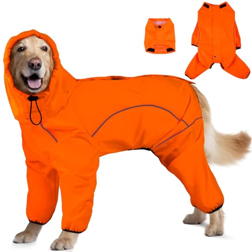Dog Raincoat, Waterproof Dog Rain Jacket with Removable Hood，Adjustable 4 Legs Pet Poncho with Leash Hole，Reflective Stripe Hooded Snowproof Windproof Clothes for Small to 3X-Large Dogs, XL - color: Orange, size: XL