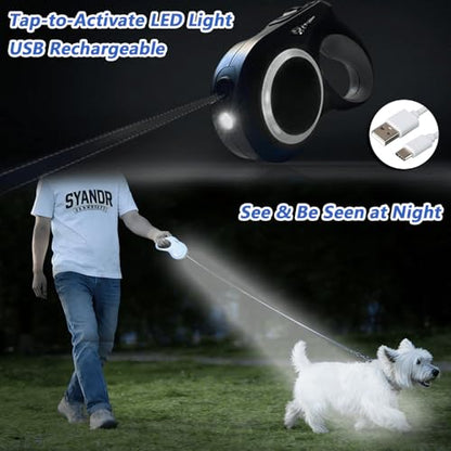 16.4ft Dual Retractable Dog Leash for Medium Dogs 35–55 lbs, USB Rechargeable LED Light, 360° Tangle-Free, Detachable Front Lead & Emergency Ready, Reflective Elastic(Black) - color: Black
