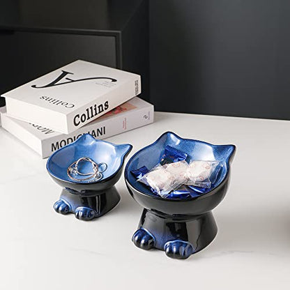 Nihow Elevated Cat Bowls,5 Inch Ceramic Raised Cat Food and Water Bowl Set | Slanted,Whisker Friendly,for Protecting Pet's Spine,Microwave & Dishwasher Safe ,Elegant Blue & Black 4.5 OZ, Set of 2 - color: Blue & Black, size: 4.5 OZ+8 OZ