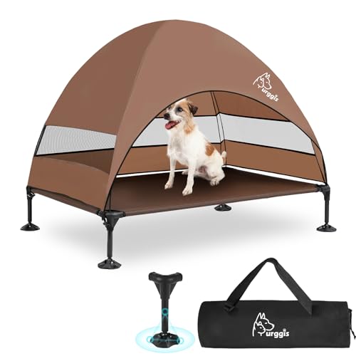 Upgraded Elevated Dog Bed with Canopy, Portable Raised Outdoor Dog Bed with Stable Anti-Slip Feet, Raised Wider Shade Pet Bed Cot for Large Dogs Camping, Indoor & Outdoor Use - color: Dog Canopy-Brown, size: 42.0"L x 30.0"W x 33.0"Th