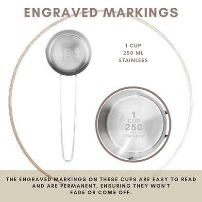 1 Cup Stainless Steel Measuring Cup, Long 6" Wire Loop Handle and Pour Spout | Sturdy Metal 250 ml | 240 cc | 8 oz | Single Cup for Wet and Dry Ingredients | Great for use as 1 Cup Dog Food Scoop - size: 1 Cup Long Handle