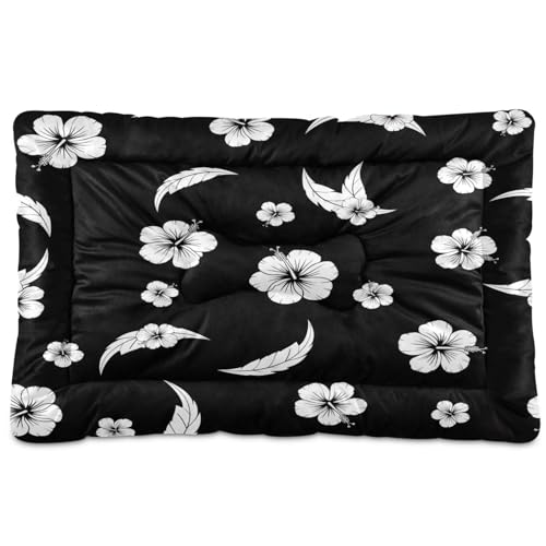 Black White Hibiscus Pattern Pet Bed Mat for Dogs and Cats, Soft Washable Crate Pad with Non-Slip Bottom, Cozy Bed Cushion for Small Medium Large Pets, 24x36 Inch - size: Medium