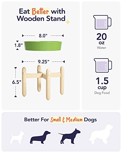 LE TAUCI Ceramic Slow Feeder Dog Bowls Elevated for Small and Medium Breed, Dog Bowls with Wooden Stand, 1.5 Cups Pet Dishes to Slow Down Eating, Anti-Gulping Pet Feeding Dishes, Clover Green - color: Clover Green+Stand, size: M-1.5 Cups