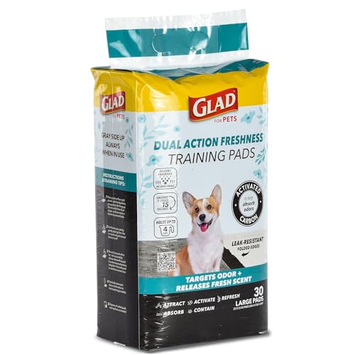 Glad for Pets Dual Action Freshness Activated Carbon Puppy Pads, Fragrance Release, Scented Odor Control, 6-Layer Leak-Proof, Pheromone Attractant, 23 x 23 Inch, 30 Count - size: 30 Count (Pack of 1)