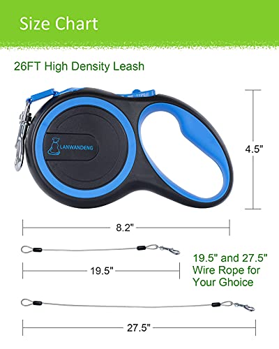 26FT Chew Proof Retractable Dog Leash with 2 Heavy Duty Anti-Chewing Wire Ropes, 360° Tangle-Free Dog Lead with Anti-Slip Handle for Small/Medium/Large Dogs Blue - color: Blue