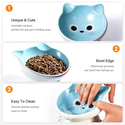 Raised Ceramic Cat Food Bowl - 15 Tilted, Spine Protection, Anti-Vomiting, Backflow Prevention for Adult Cats, Kittens, and Small Dogs (Blue Face) - color: blue white