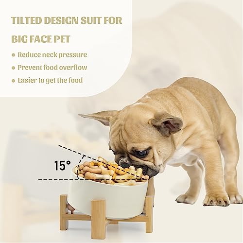 SPUNKYJUNKY 15° Slanted Ceramic Dog and Cat Bowl with Wooden Stand, Tilted Bulldog Food and Water Bowl No Slip Non-Spill for Cats Medium Dogs Big Face Pets 28.7 OZ (3.6 Cups, Beige) - color: Beige, size: 3.6 CUPS × 1