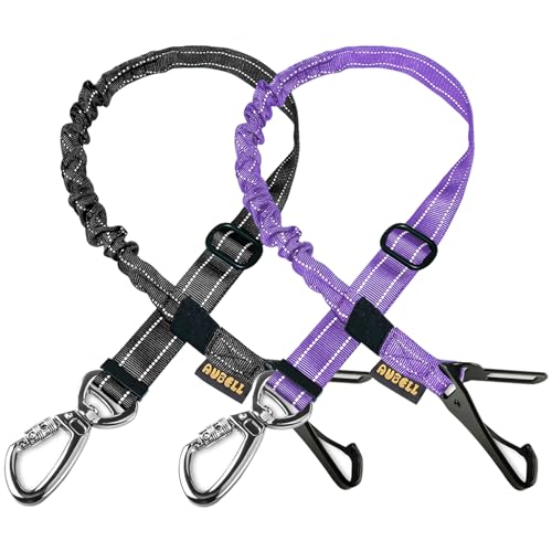 AUBELL Dog Seat Belt for Car,2 Pack Set 3-in-1 Adjustable Reflective Bungee Heavy Duty Dog Car Harness Tether with Clip Hook Latch & Buckle,Swivel Zinc Alloy Carabiner,Black+Purple - color: Set Black+Purple