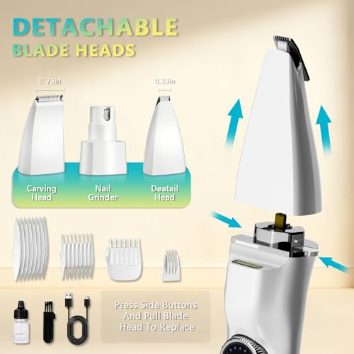 5-in-1 Dog Grooming Kit, Dog Paw Trimmer with LED Display and Light 11-Speed Rotary Knob Low Noise Stainless Steel Blade, Wireless Charging Pet Shaver Ideal Trimming Paw Eye Ear Facial Hair - color: Pet Clipper