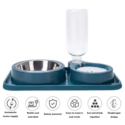 Love Dream Double Dog Cat Bowls, 2 in1 Pet Water and Food Bowl Set with Automatic Gravity Water Dispenser Bottle Detachable Stainless Steel Bowl No-Spill for Cats and Dogs Puppy Kitten Rabbit - color: Blue, size: Capacity Water Bottle: 500ML