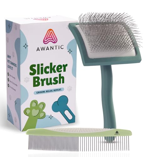 Self- Cleaning Slicker Brush for Dogs Suitable for Short & Long Haired Dogs and Effective Deshedding for Pet Grooming, Undercoat Removal, Tangle-Free Fur (Green Brush + Comb) - size: Large