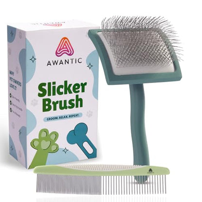Self- Cleaning Slicker Brush for Dogs Suitable for Short & Long Haired Dogs and Effective Deshedding for Pet Grooming, Undercoat Removal, Tangle-Free Fur (Green Brush + Comb) - size: Large