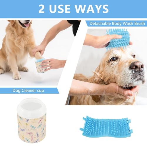 Dragonflies Beige Pattern Dog Paw Cleaner Cup with Soft Silicone Brush, Small Lightweight Portable Muddy Paw Washer for Dogs, Easy to Use Pet Foot Cleaner