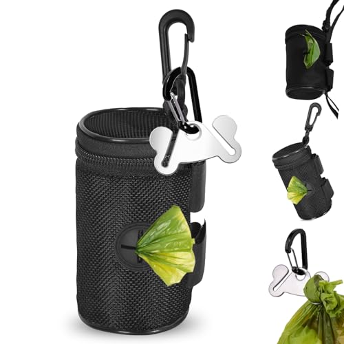 Dog Poop Bag Holder for Leash Attachment - Waste Bag Dispenser for Leash - Fits Any Dog Leash - Portable Set with Hand Free Holder Metal Carrier, Black Round Shape - color: Black