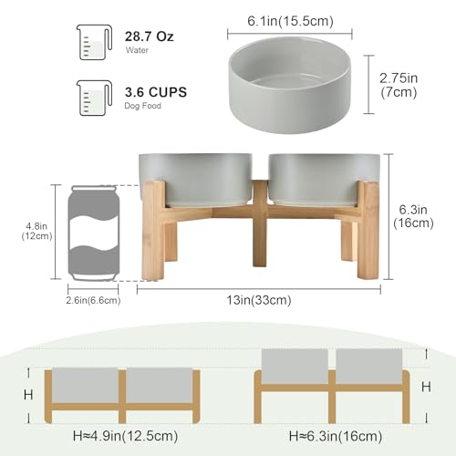 SPUNKYJUNKY Elevated Dog Bowls Ceramic, 6.1'' Dogs and Cat Food Water Bowls Raised with Non-Slip Bamboo Stand for Medium Sized Breed Microwave Dishwasher Safe - 28.7 OZ,Grey - color: Grey, size: 6.1 in - 3.6 cups