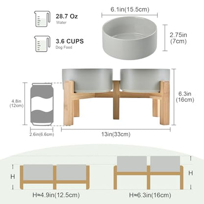 SPUNKYJUNKY Elevated Dog Bowls Ceramic, 6.1'' Dogs and Cat Food Water Bowls Raised with Non-Slip Bamboo Stand for Medium Sized Breed Microwave Dishwasher Safe - 28.7 OZ,Grey - color: Grey, size: 6.1 in - 3.6 cups