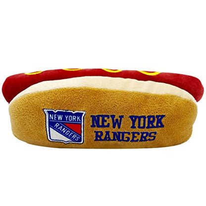 Pets First NHL New York Rangers HOT Dog Plush Dog & CAT Squeak Toy - Cutest HOT-Dog Snack Plush Toy for Dogs & Cats with Inner Squeaker & Beautiful Hockey Team Name/Logo 8 x 5 x 3 Inches - color: New York Rangers, style: NHL Hot Dog Toy