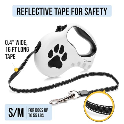 Award-Winning Retractable Dog Leash for Small and Medium Dogs (Max 55 lbs), Clip & Go System with Reflective Tape and Ergonomic Handle, Includes Clips, Poop Bag Holder and Dispenser, White - color: White, size: S/M - Up to 55 Lbs